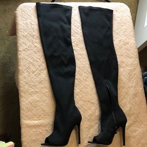 Thigh high open toe boots